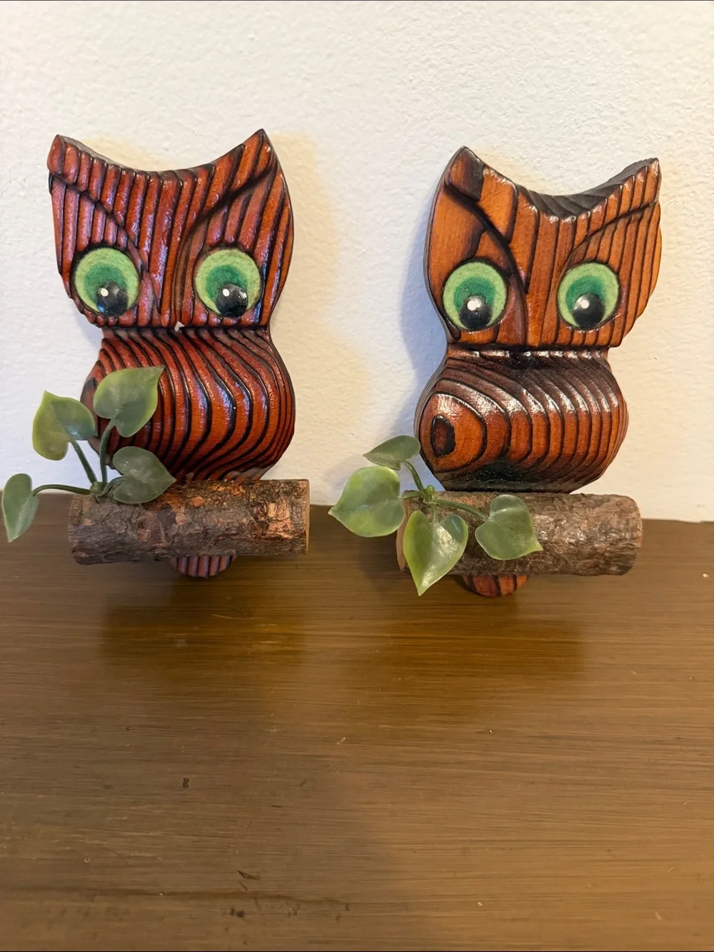 Vintage Hand-Carved Wooden Owl Wall Decor in Green and Brown - pair